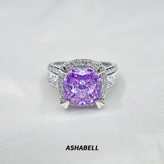 Purple Square 5A Ice Flower Cut S925 Sterling Silver Ring