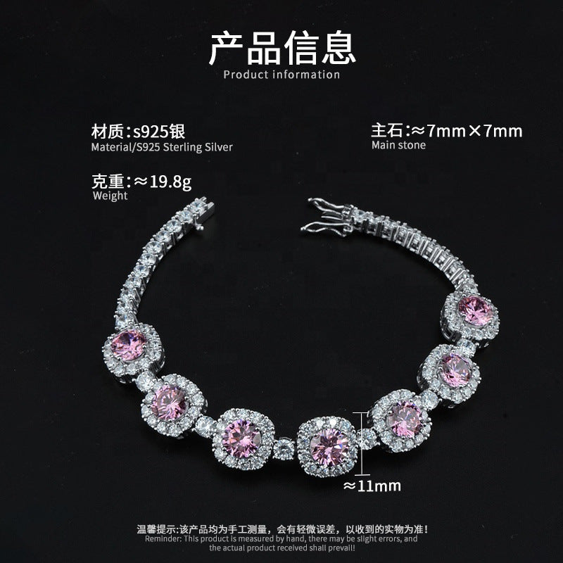 Hot Sale 925 Silver Square Pink Bracelet CZ Tennis Chain Women Wedding Bracelet