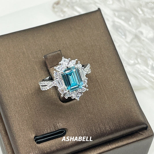Rectangular sea blue s925 sterling silver ring