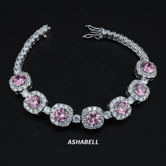 Hot Sale 925 Silver Square Pink Bracelet CZ Tennis Chain Women Wedding Bracelet