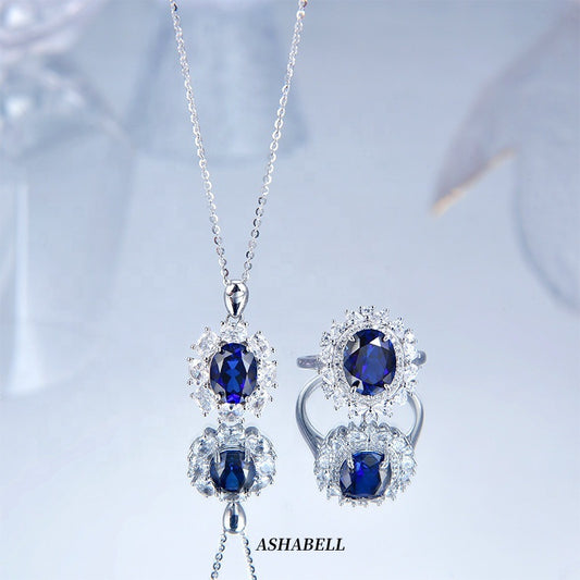 S925 Silver Necklace Women Sapphire Pendant Diamond Set