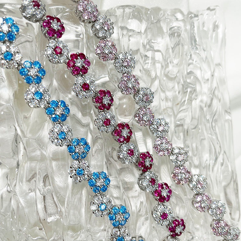 Adjustable S925 sterling silver pink and blue flower bracelet