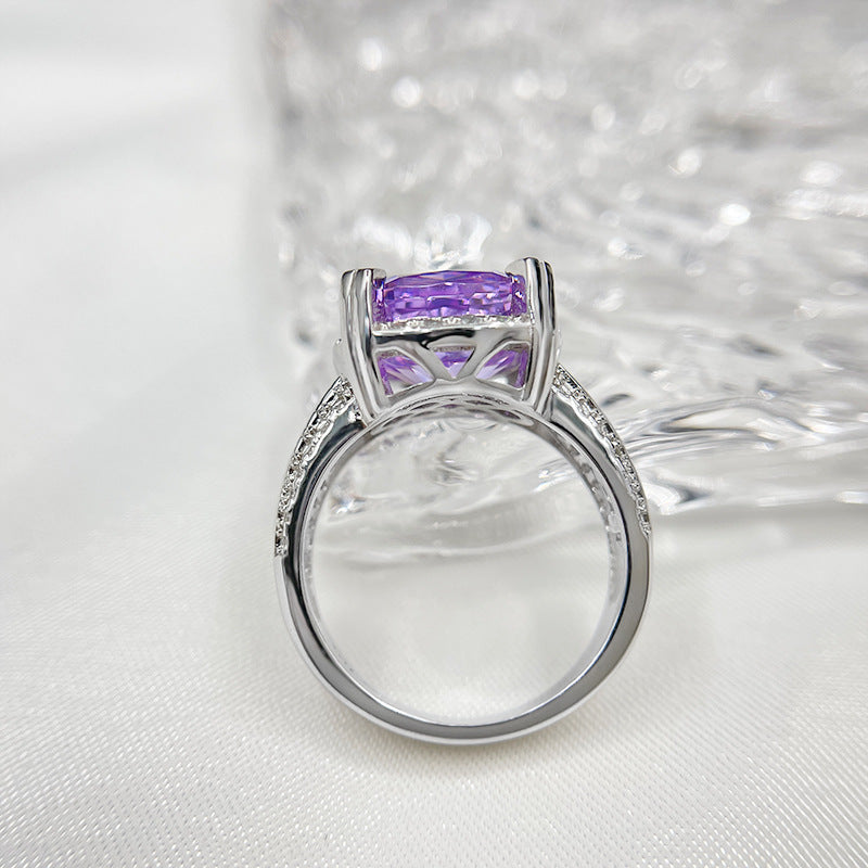Purple Square 5A Ice Flower Cut S925 Sterling Silver Ring