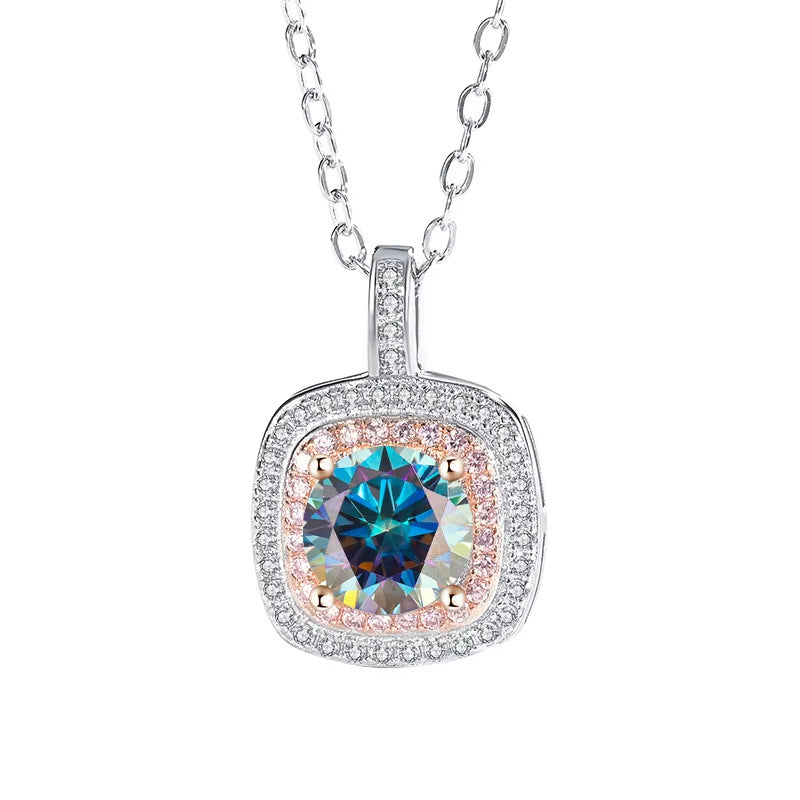 S925 sterling silver square necklace for women with micro-inlaid diamond pendant clavicle chain