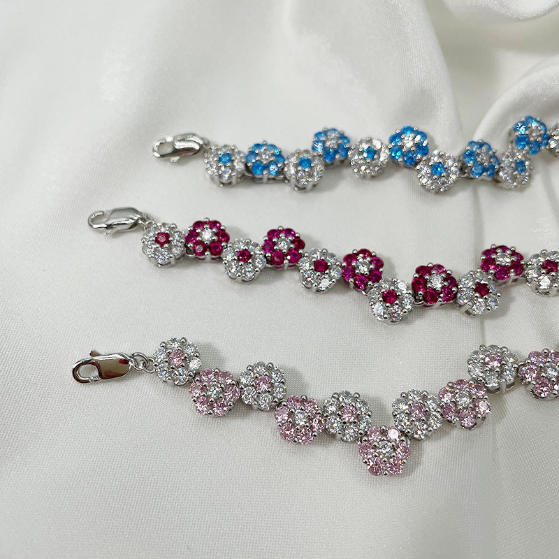 Adjustable S925 sterling silver pink and blue flower bracelet