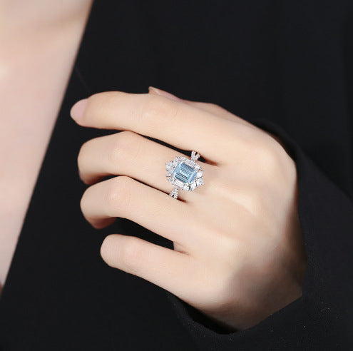 Rectangular sea blue s925 sterling silver ring