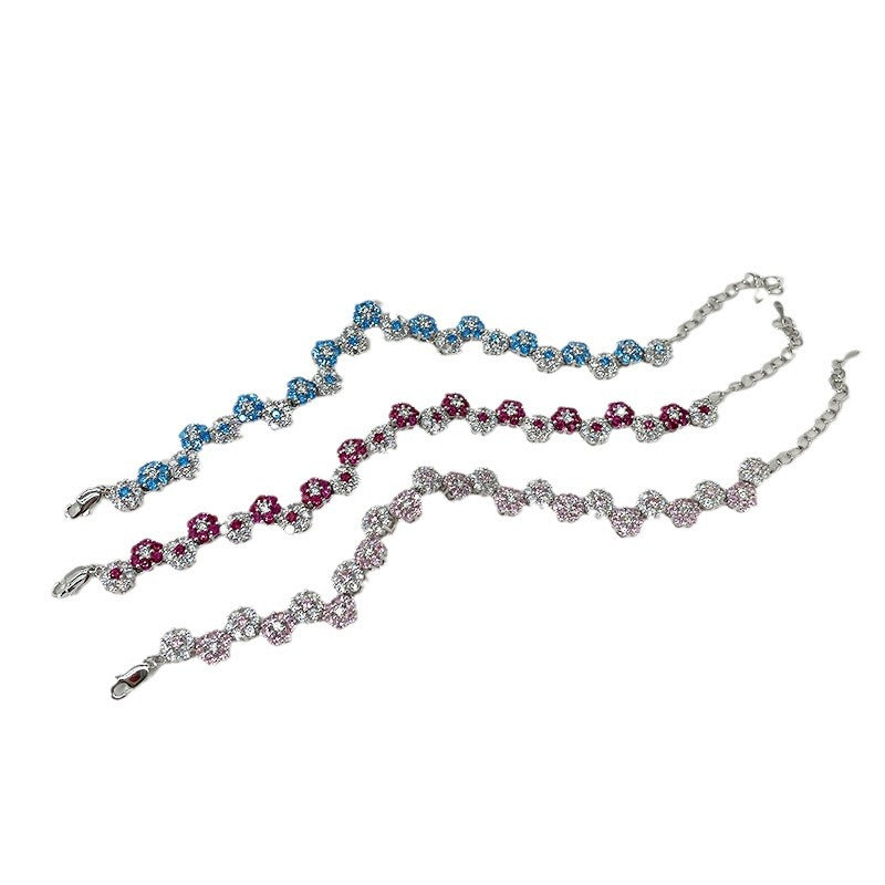 Adjustable S925 sterling silver pink and blue flower bracelet