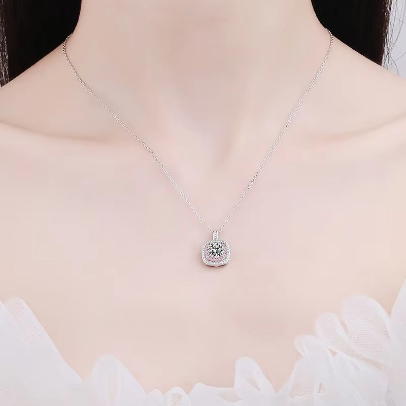 S925 sterling silver square necklace for women with micro-inlaid diamond pendant clavicle chain