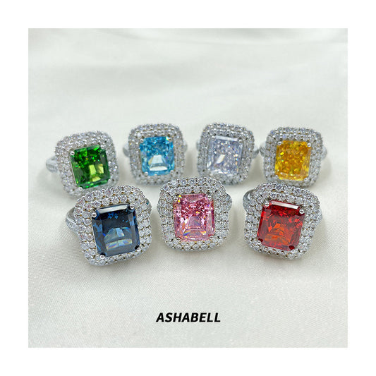 S925 sterling silver super shiny luxury full diamond colorful square ice flower cutting women's ring