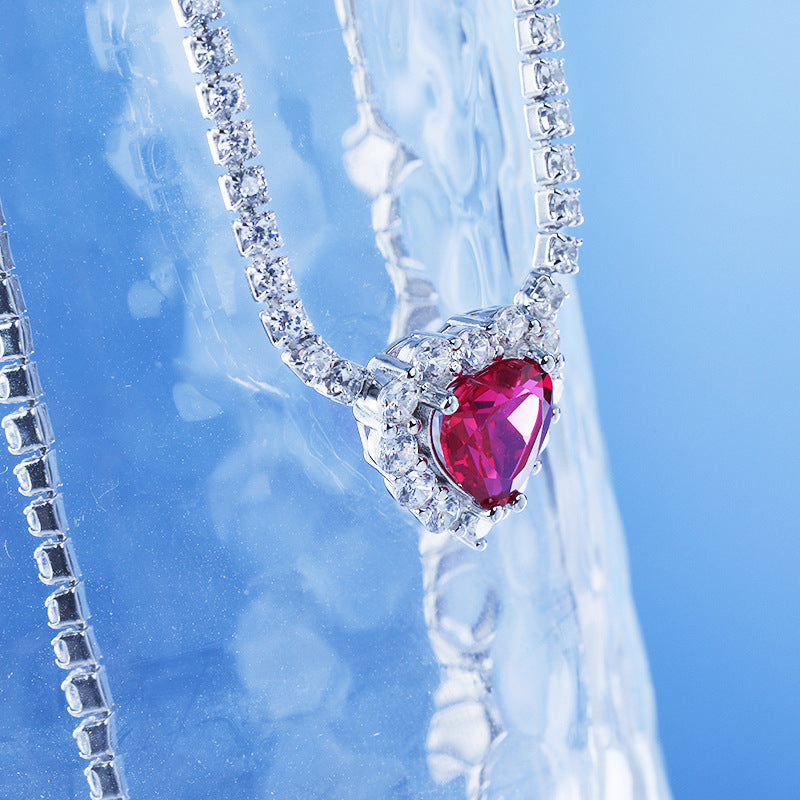 925 Sterling Silver Ice Cut Tennis Chain Shining Big Red Stone Emerald Heart Shaped Necklace