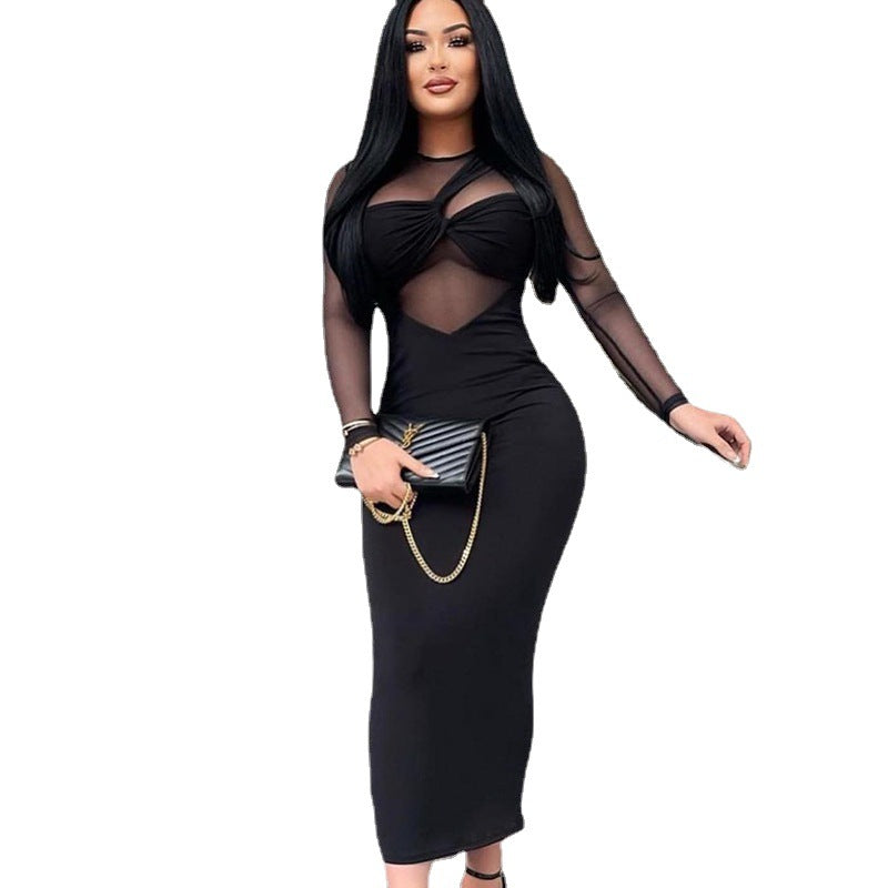 Round Neck Mesh Splicing Long Sleeve Midi Bodycon Dress