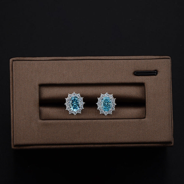 Ice Flower Cut High Carbon Diamond Earrings S925 Silver Inlaid Aquamarine