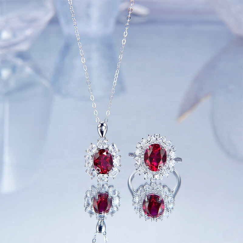 S925 Silver Necklace Women Sapphire Pendant Diamond Set