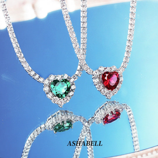 925 Sterling Silver Ice Cut Tennis Chain Shining Big Red Stone Emerald Heart Shaped Necklace