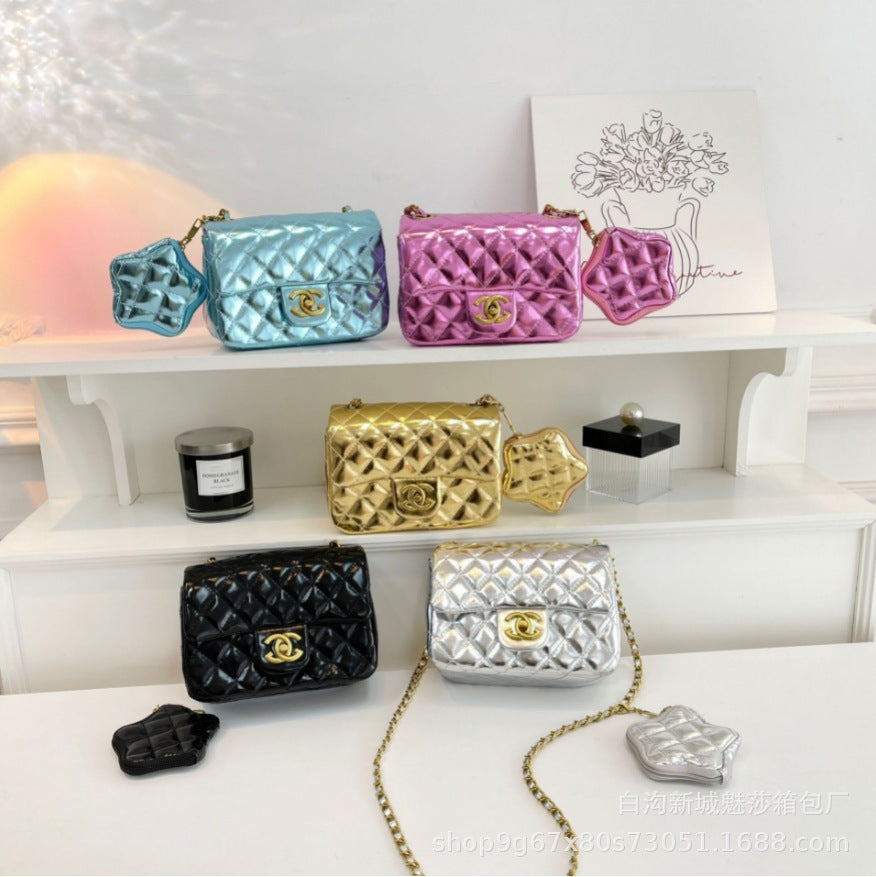 Chanel style new diamond chain patent leather star bag bright color fashionable crossbody bag