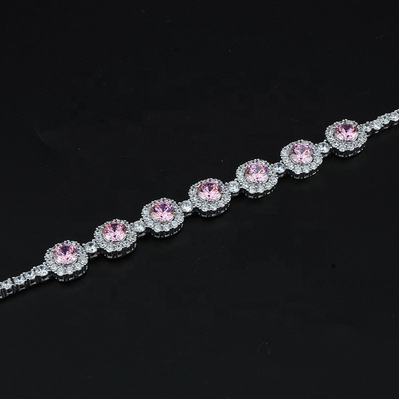 Hot Sale 925 Silver Square Pink Bracelet CZ Tennis Chain Women Wedding Bracelet