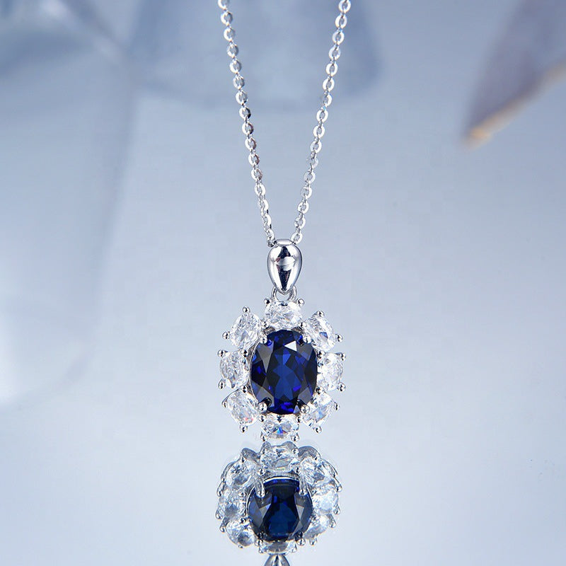 S925 Silver Necklace Women Sapphire Pendant Diamond Set