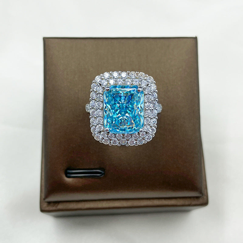 S925 sterling silver super shiny luxury full diamond colorful square ice flower cutting women's ring