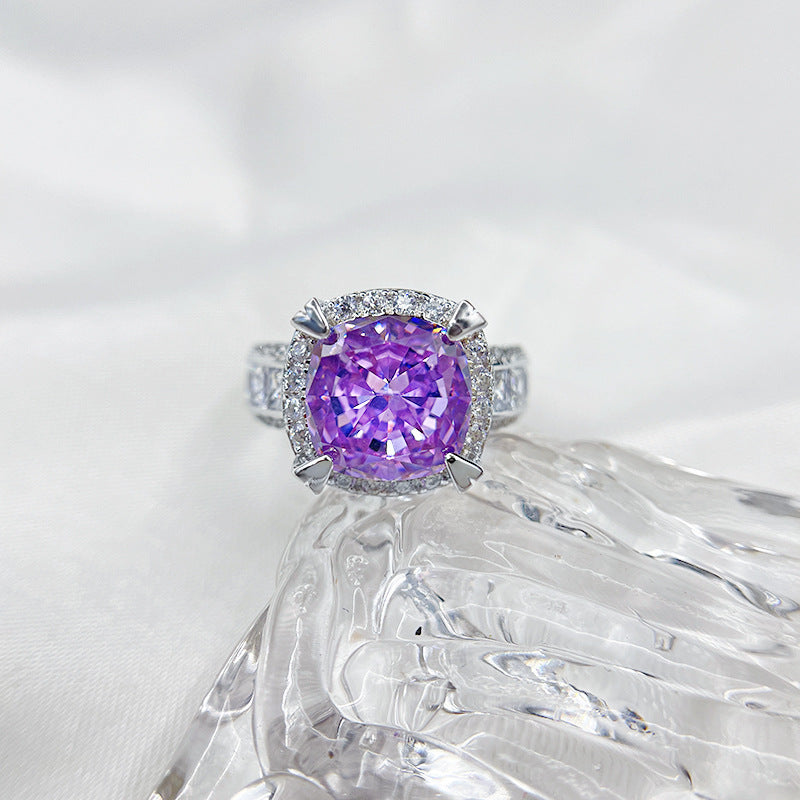 Purple Square 5A Ice Flower Cut S925 Sterling Silver Ring