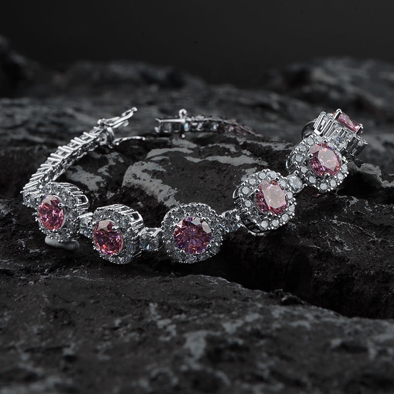 Hot Sale 925 Silver Square Pink Bracelet CZ Tennis Chain Women Wedding Bracelet
