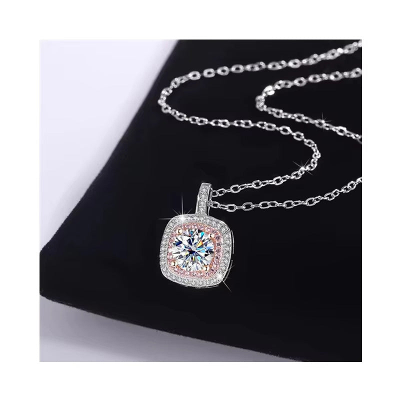S925 sterling silver square necklace for women with micro-inlaid diamond pendant clavicle chain