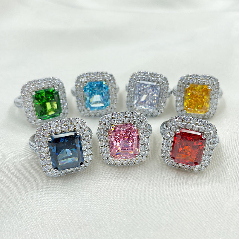 S925 sterling silver super shiny luxury full diamond colorful square ice flower cutting women's ring