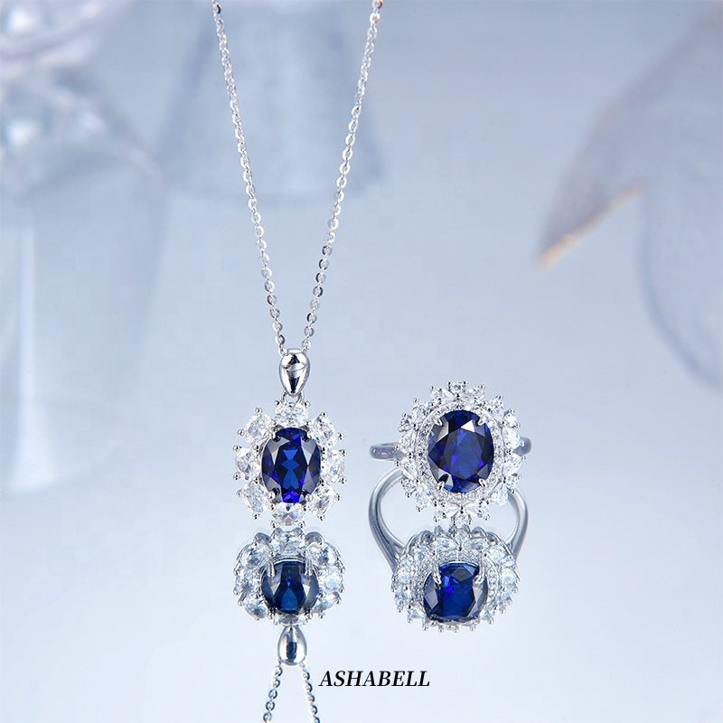 S925 Silver Necklace Women Sapphire Pendant Diamond Set