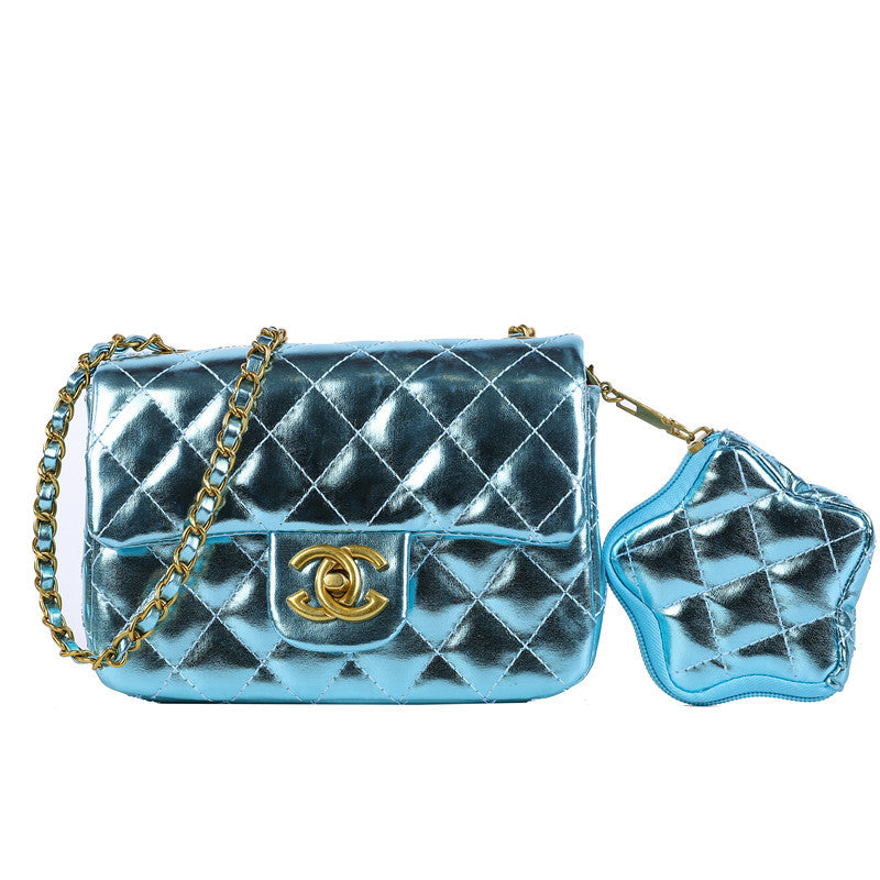 Chanel style new diamond chain patent leather star bag bright color fashionable crossbody bag