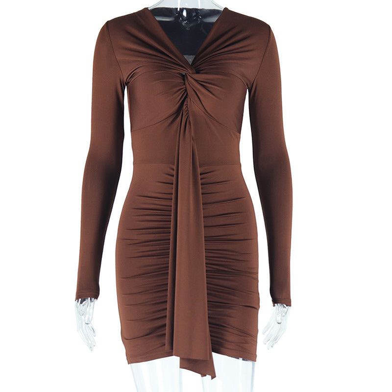 Deep V-neck lace-up dress solid color long-sleeved hip skirt casual temperament skirt