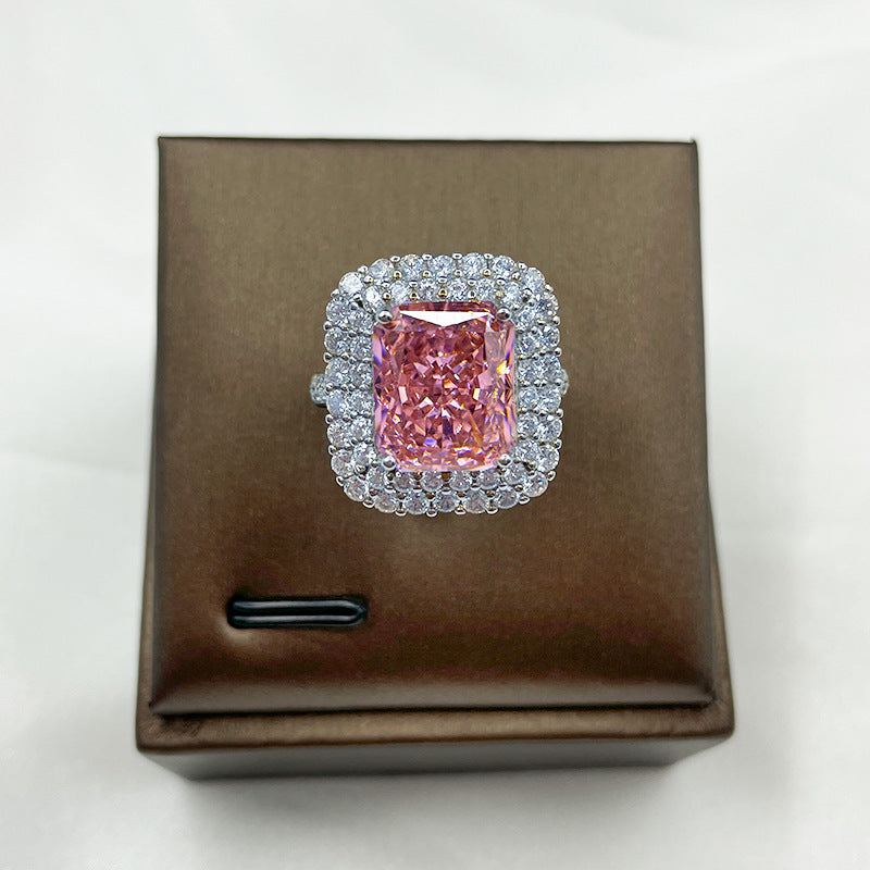 S925 sterling silver super shiny luxury full diamond colorful square ice flower cutting women's ring