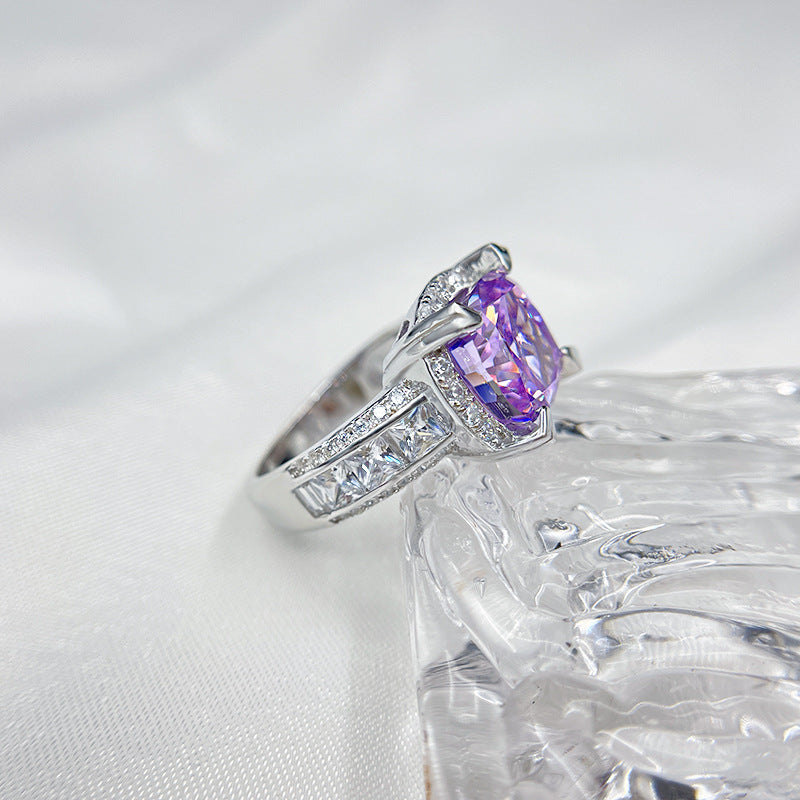 Purple Square 5A Ice Flower Cut S925 Sterling Silver Ring