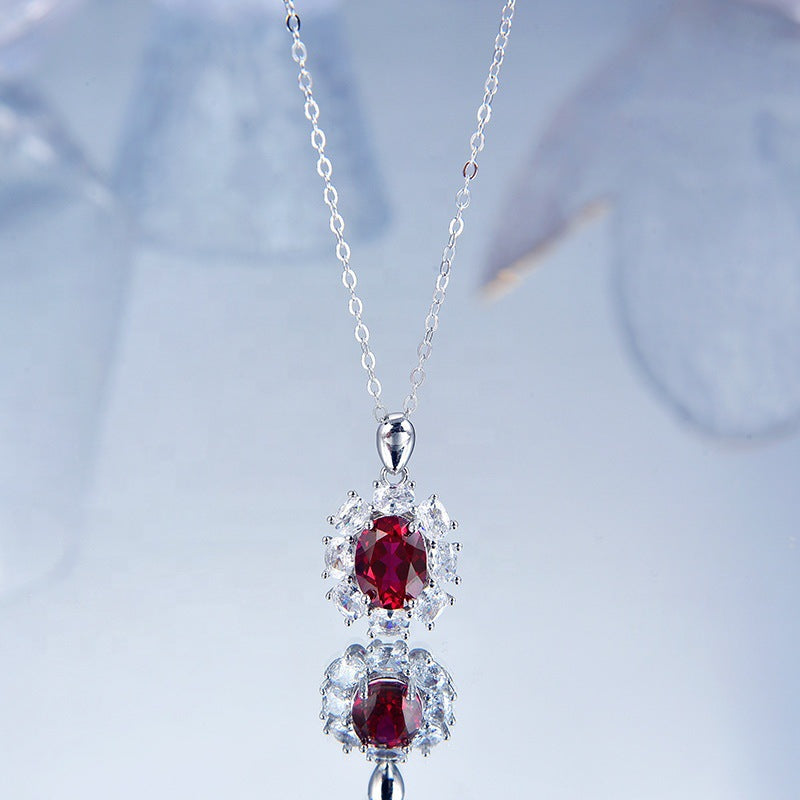 S925 Silver Necklace Women Sapphire Pendant Diamond Set