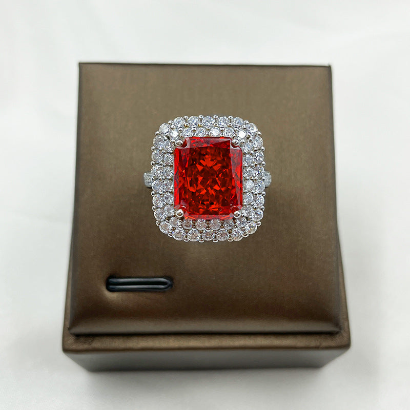 S925 sterling silver super shiny luxury full diamond colorful square ice flower cutting women's ring