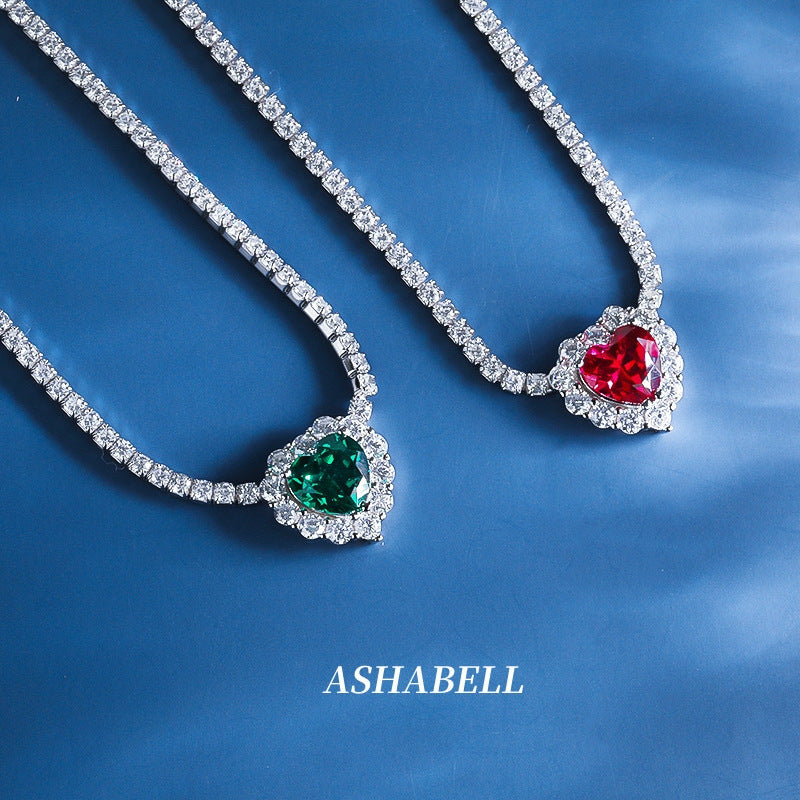 925 Sterling Silver Ice Cut Tennis Chain Shining Big Red Stone Emerald Heart Shaped Necklace