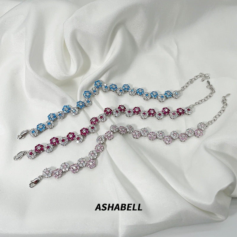 Adjustable S925 sterling silver pink and blue flower bracelet