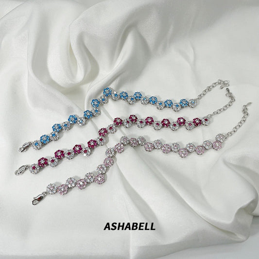 Adjustable S925 sterling silver pink and blue flower bracelet