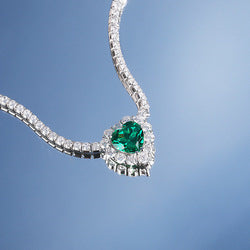 925 Sterling Silver Ice Cut Tennis Chain Shining Big Red Stone Emerald Heart Shaped Necklace